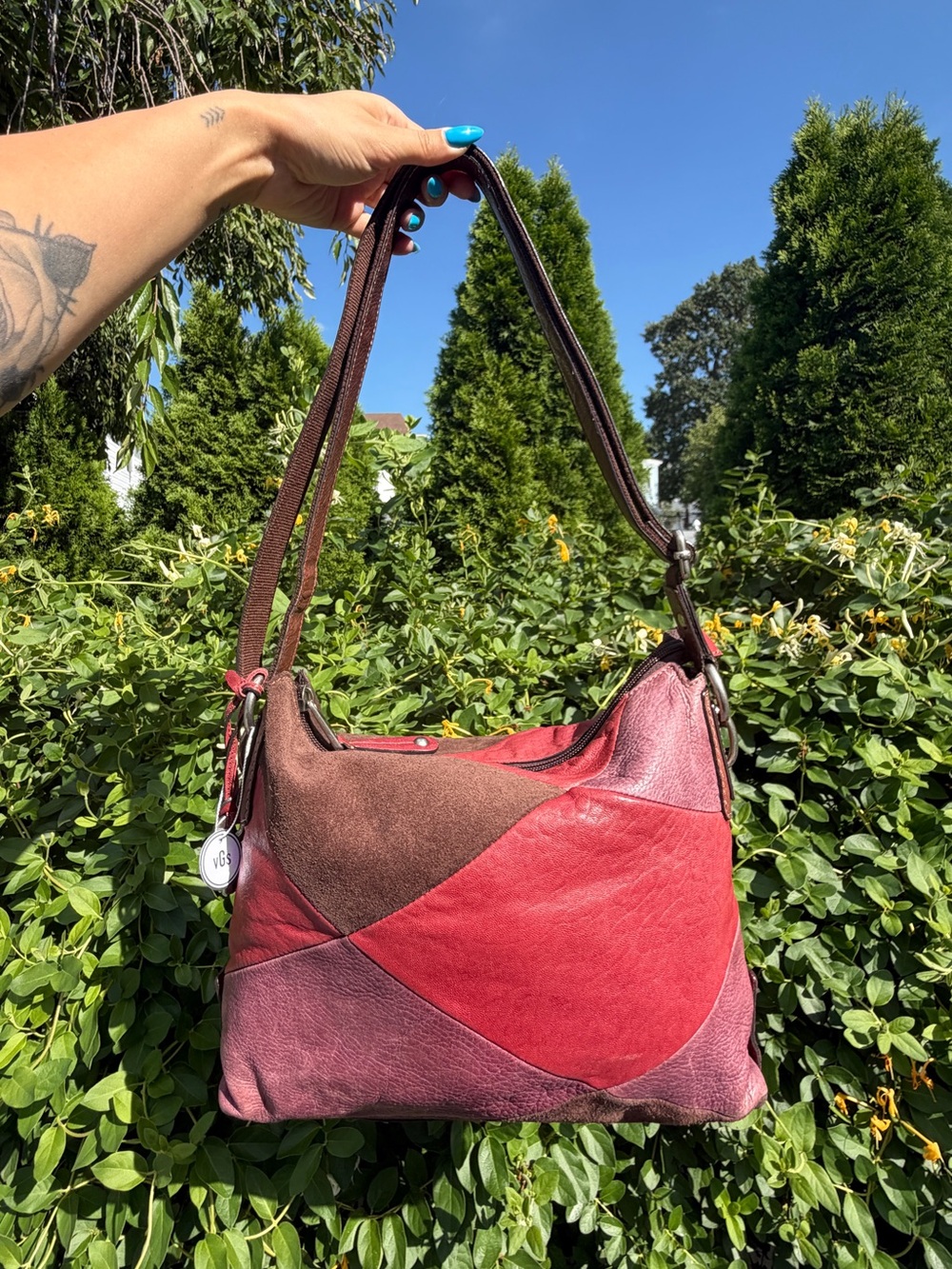Vintage Fossil Y2K Red Burgundy Patchwork Leather Suede Hobo Shoulder Bag